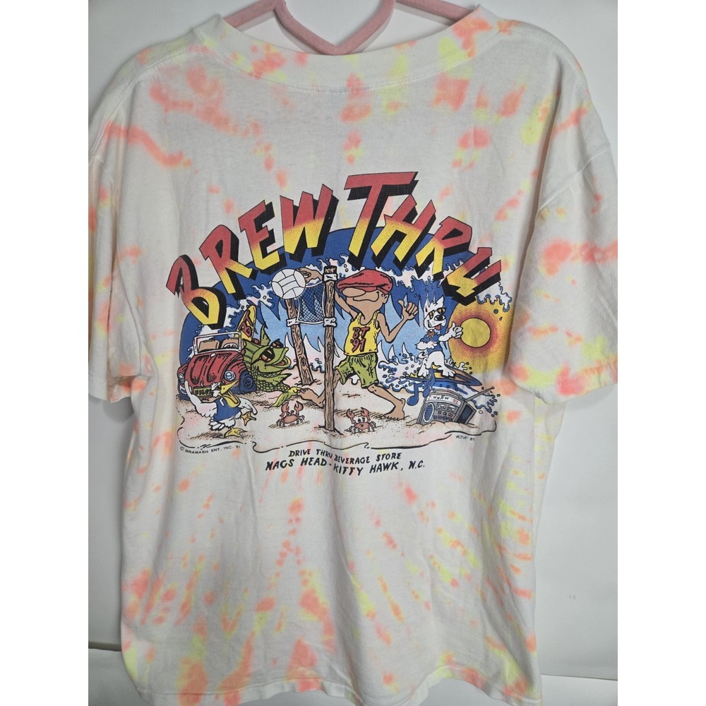 Vintage‎ 90s  Brew Thru Kitty Hawk Nags Head Nc T Shirt L Tie Dye Single Stitch